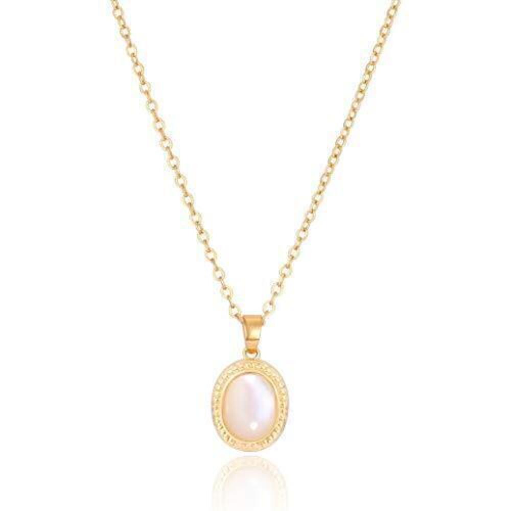 1536 Mother of Pearl Pendant Necklace 18k Gold Chain Choker Oval Shell